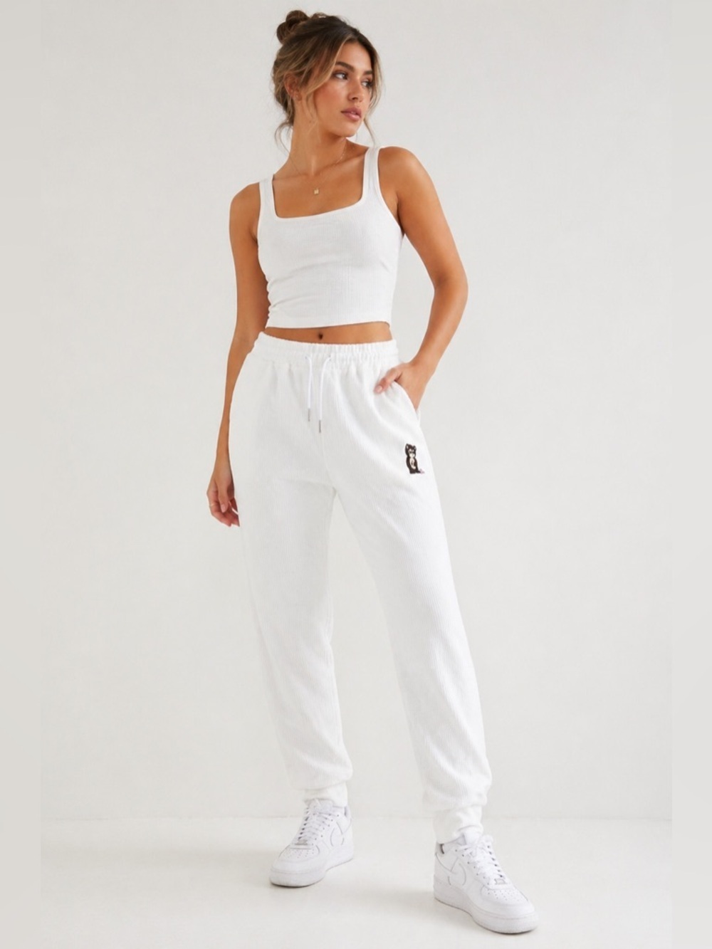 Yuna Fashion White Waffle Knit Joggers High Rise Lounge Sweatpants Size S/M
